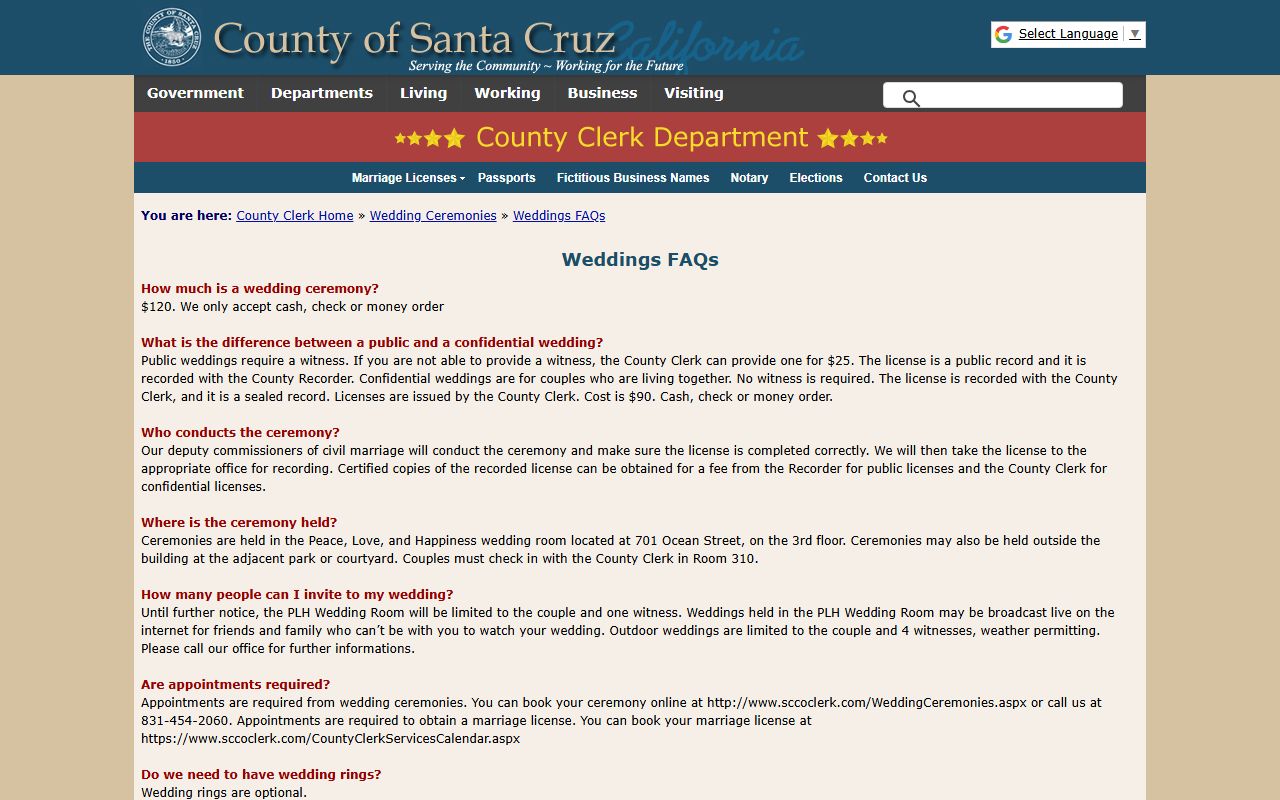 Santa Cruz County Clerk wedding FAQ records page