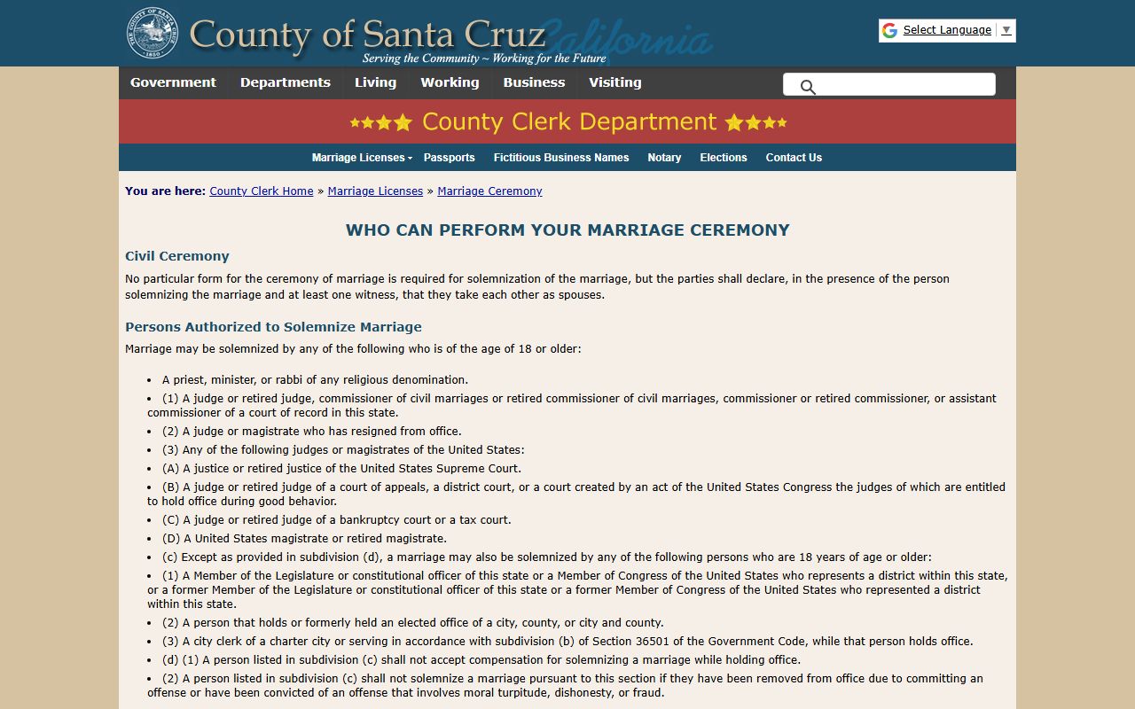 Santa Cruz County Clerk marriage ceremony records page