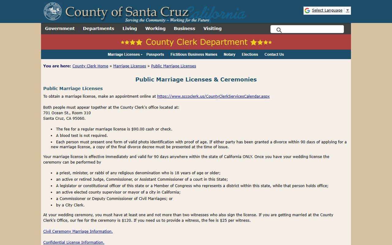 Santa Cruz County Clerk public marriage license records page