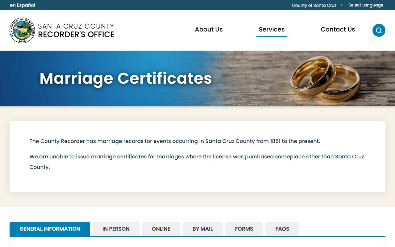 Santa Cruz County Recorder marriage certificate records page