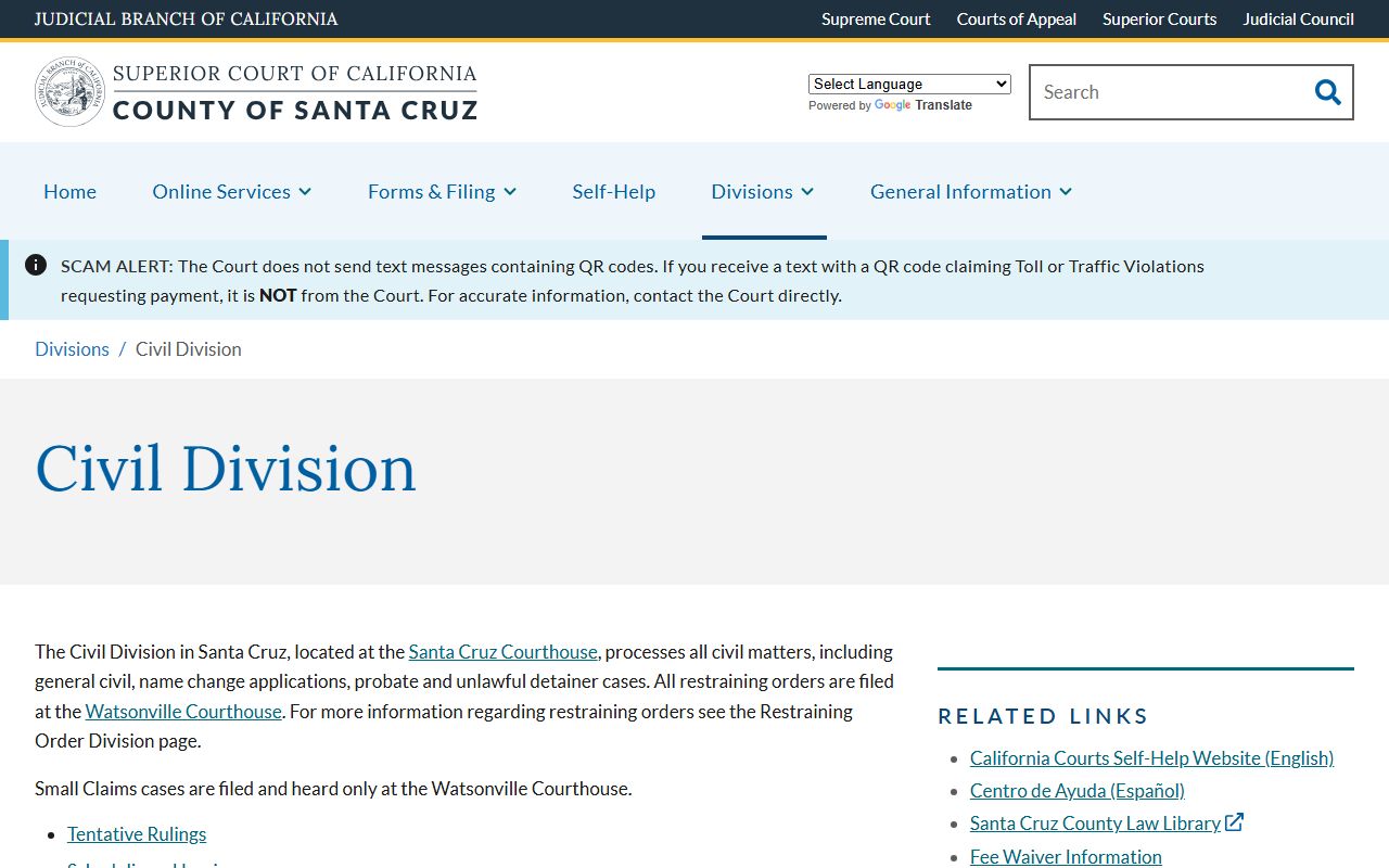Santa Cruz County court records Civil Division page