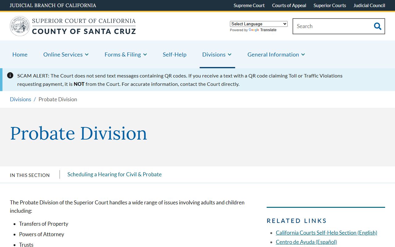 Santa Cruz County probate court records division page