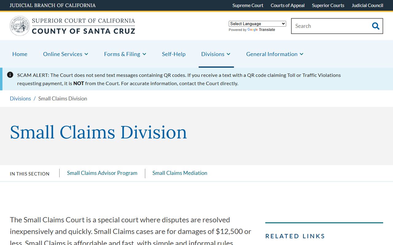 Santa Cruz County small claims court records division page