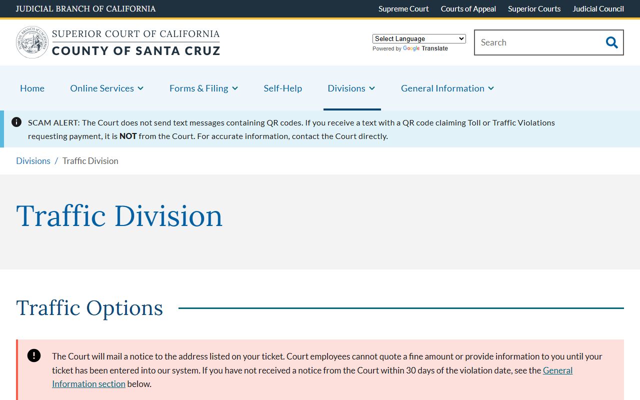 Santa Cruz County traffic court records division page