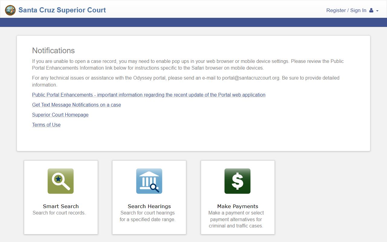 Santa Cruz County Court records portal home page with Smart Search