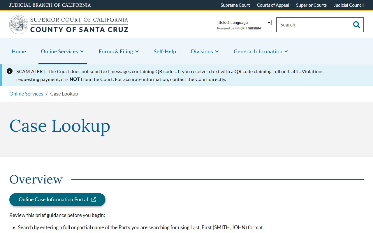 Santa Cruz County court records case lookup guidance page