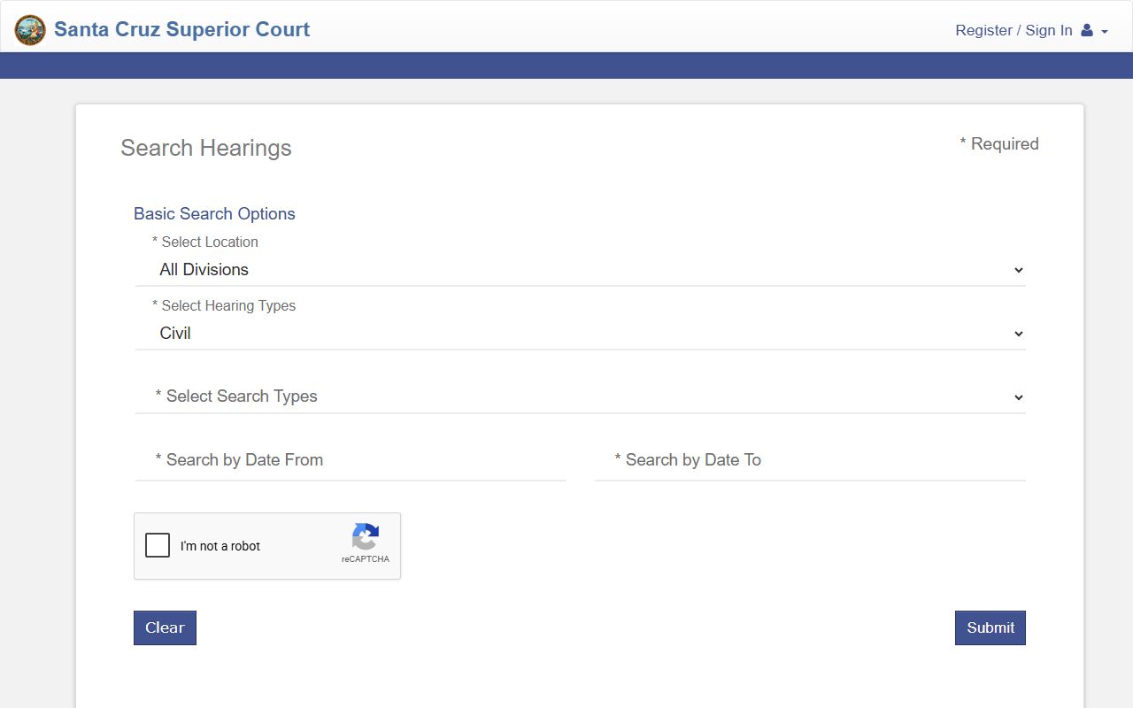 Santa Cruz County court records search hearings docket tool