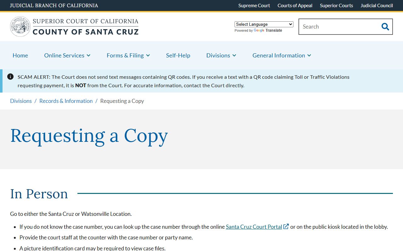 Santa Cruz County court records copy request fees page