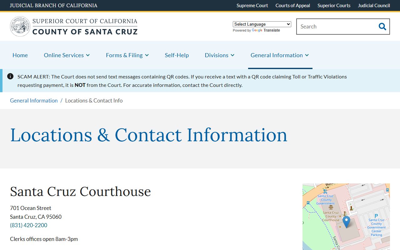 Santa Cruz County Court locations and contact page for court records
