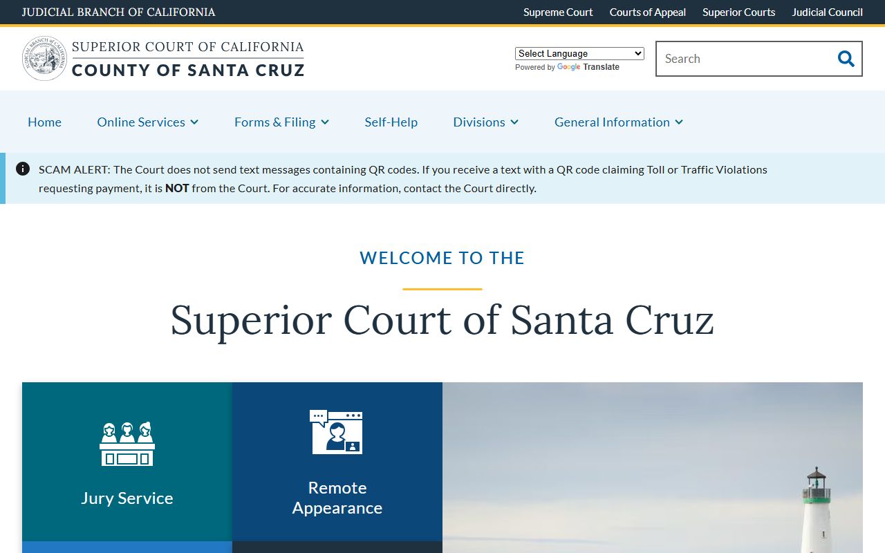 Santa Cruz County Superior Court home page for court records search