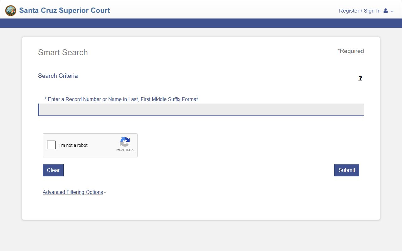 Santa Cruz County court records Smart Search fields and filters