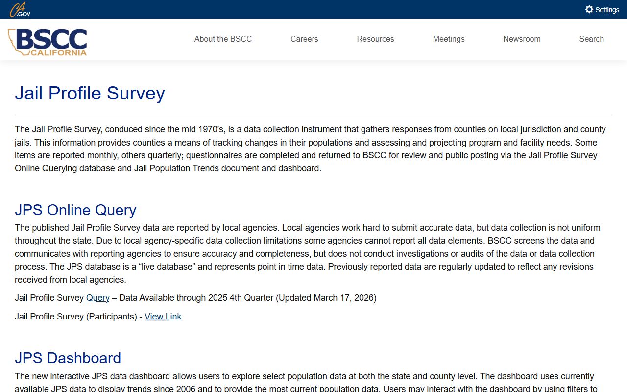 Santa Cruz County inmate population BSCC Jail Profile Survey page