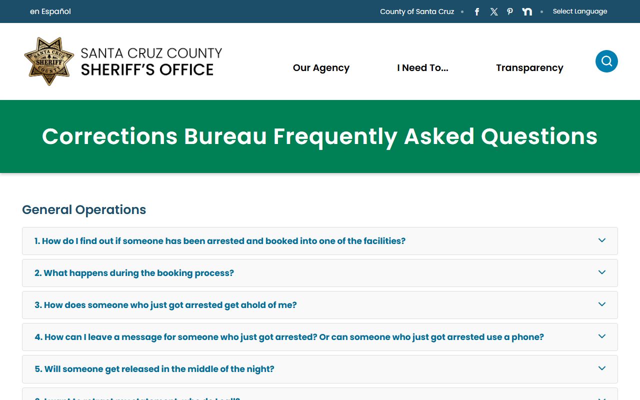 Santa Cruz County inmate records Corrections FAQ page