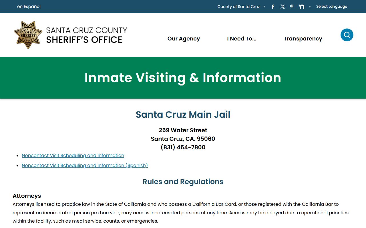 Santa Cruz County inmate records Main Jail information page
