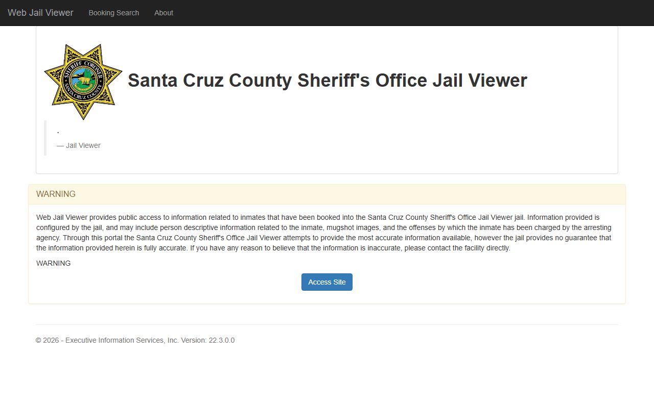 Santa Cruz County inmate records Web Jail Viewer warning page
