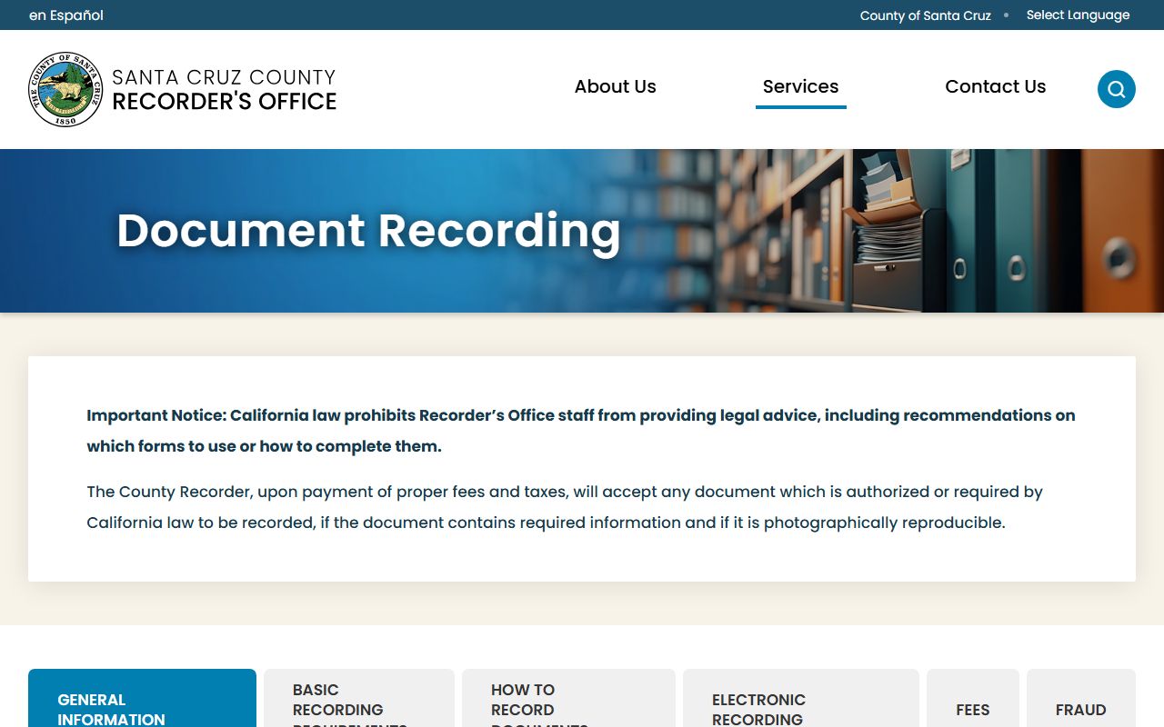 Santa Cruz County public records Recorder document recording page