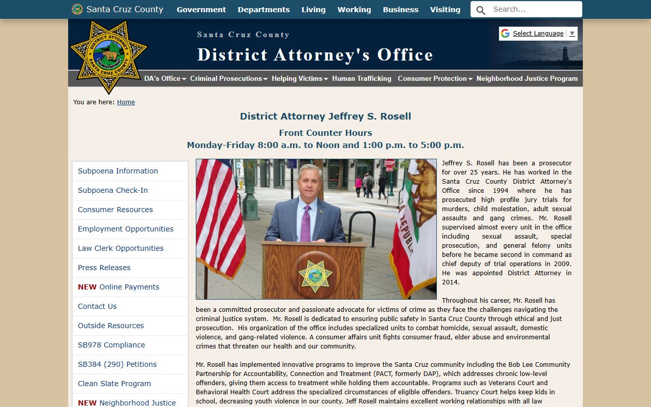 Santa Cruz County District Attorney site for arrest and criminal records