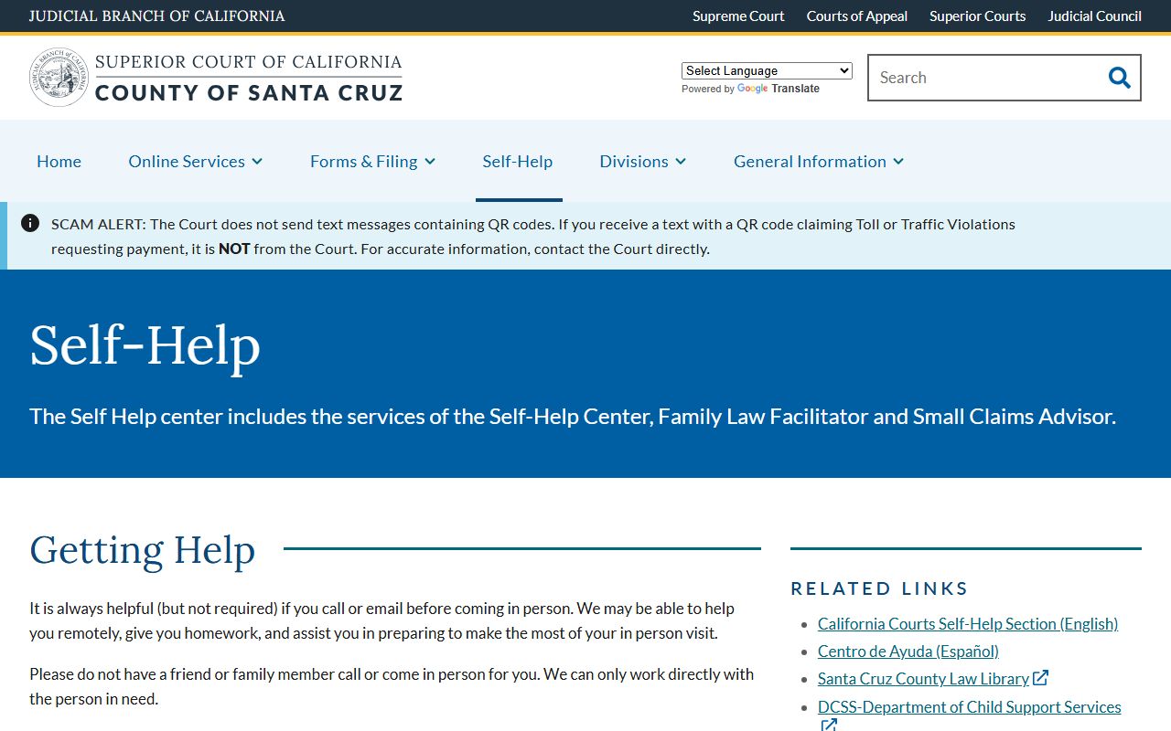 Santa Cruz County Court self help center for court records