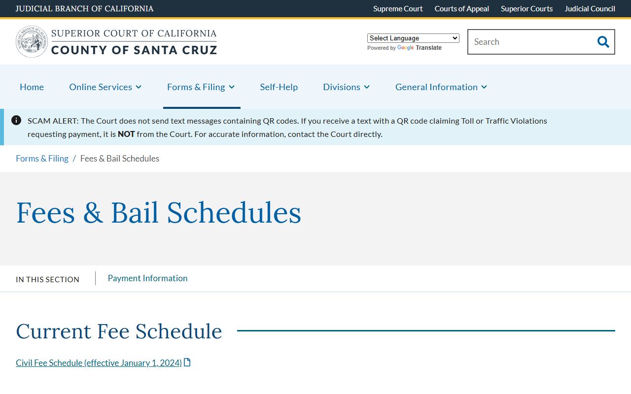Santa Cruz County traffic court records fees and bail schedules