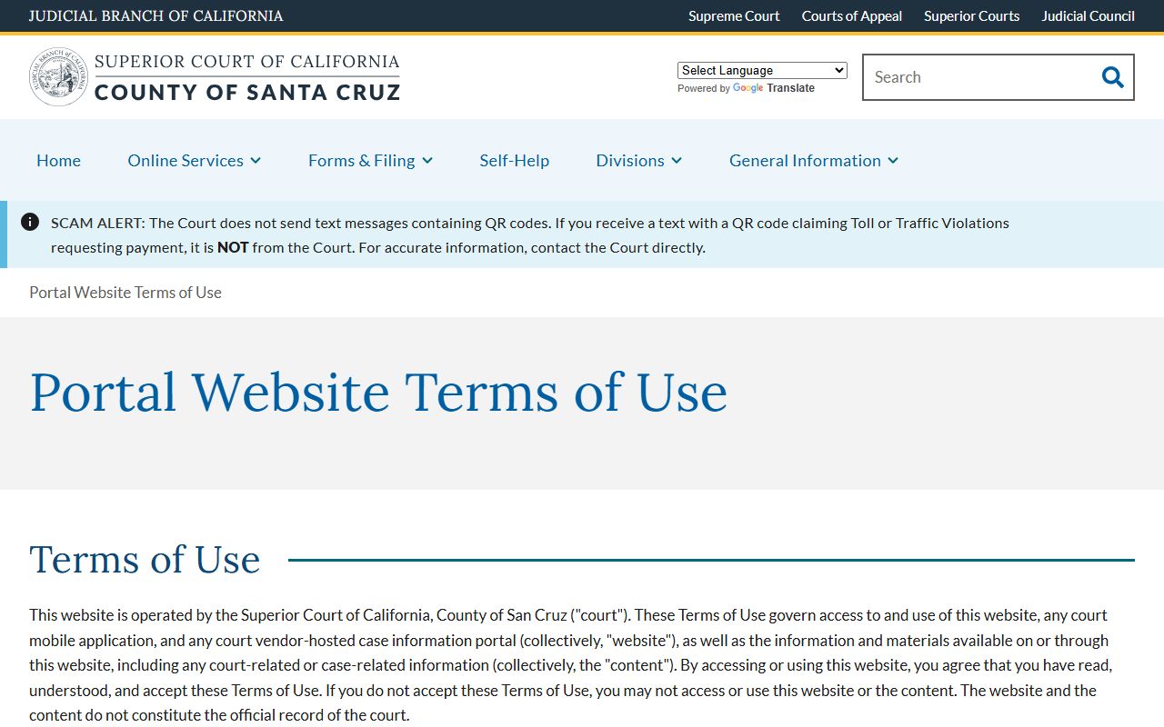 Santa Cruz County traffic court records portal terms of use