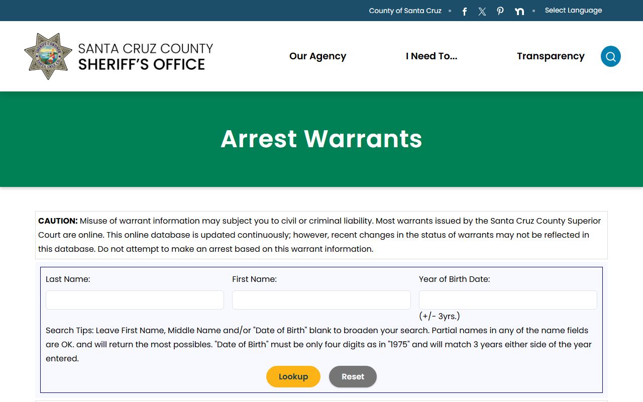 Santa Cruz County warrant records Sheriff active warrant search form