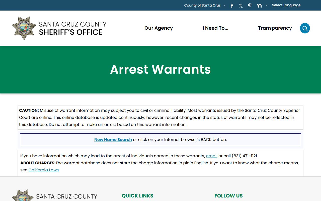 Santa Cruz County warrant records detail view template