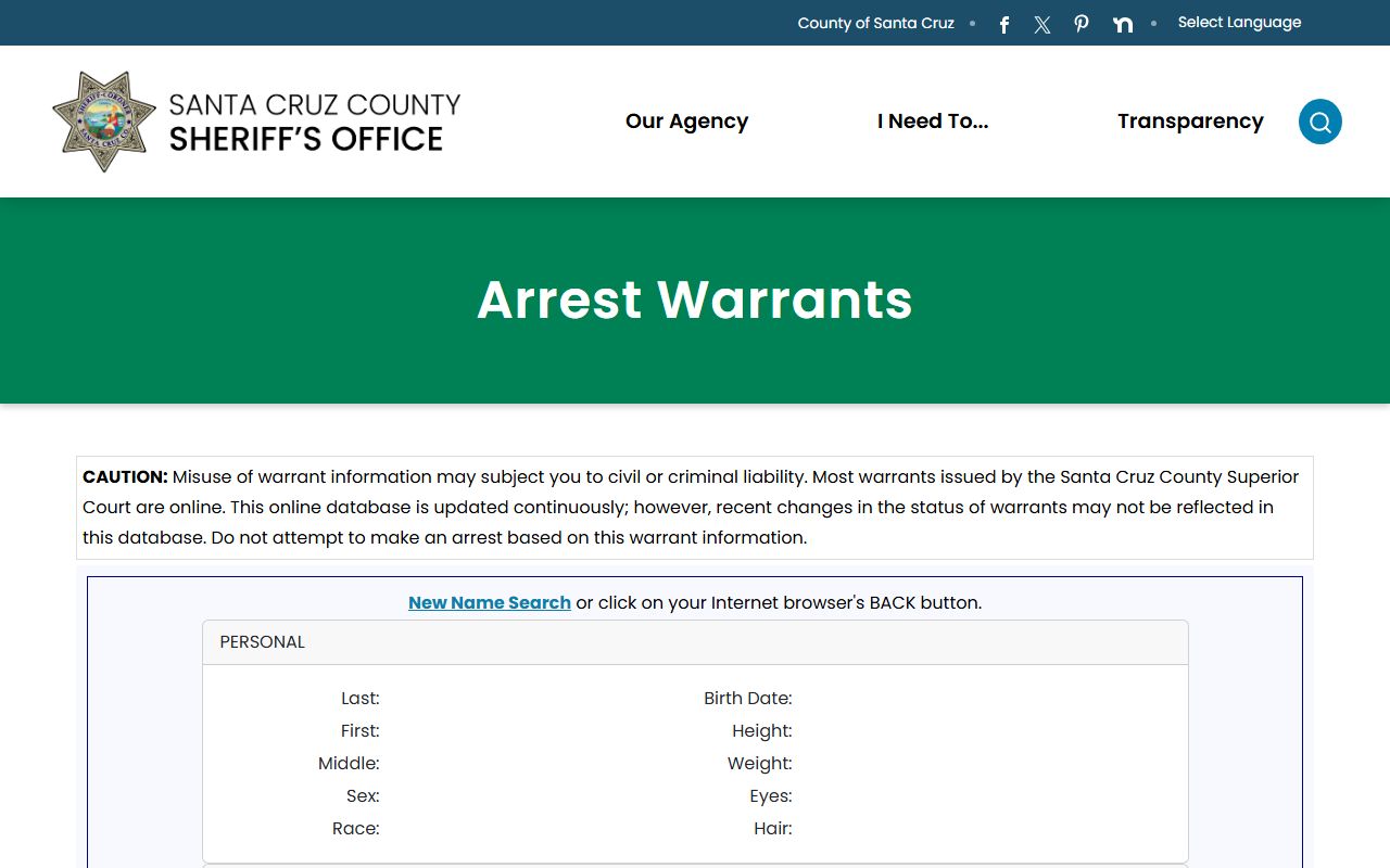 Santa Cruz County warrant records sample detail with charge codes and bail